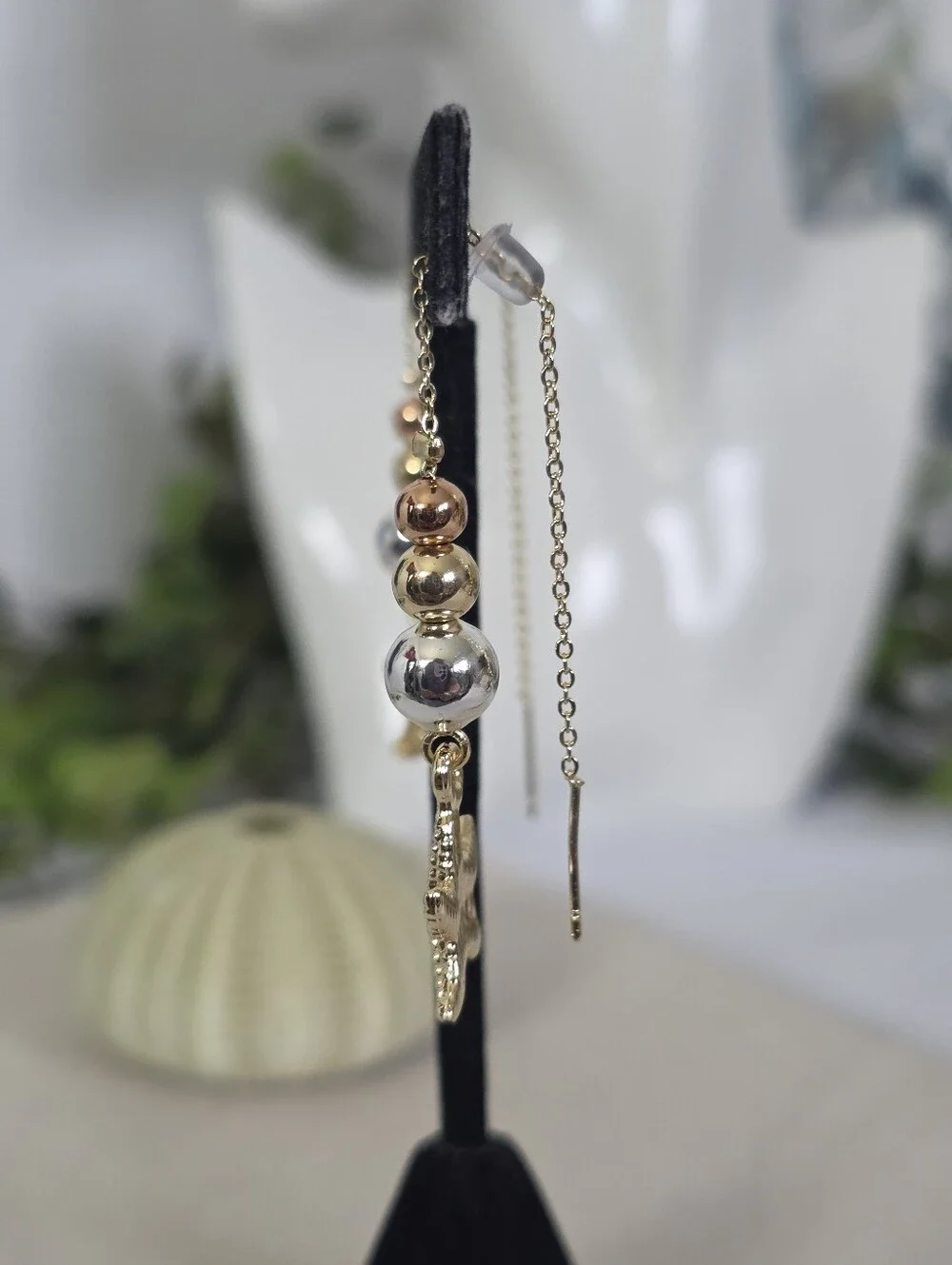 Gold Filled Tricolor Bead Starfish Drop Threader Earrings Mermaid Coastal